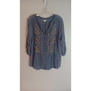 Khakis & Co Embroidered Button Up Shirt Blue Sz Large